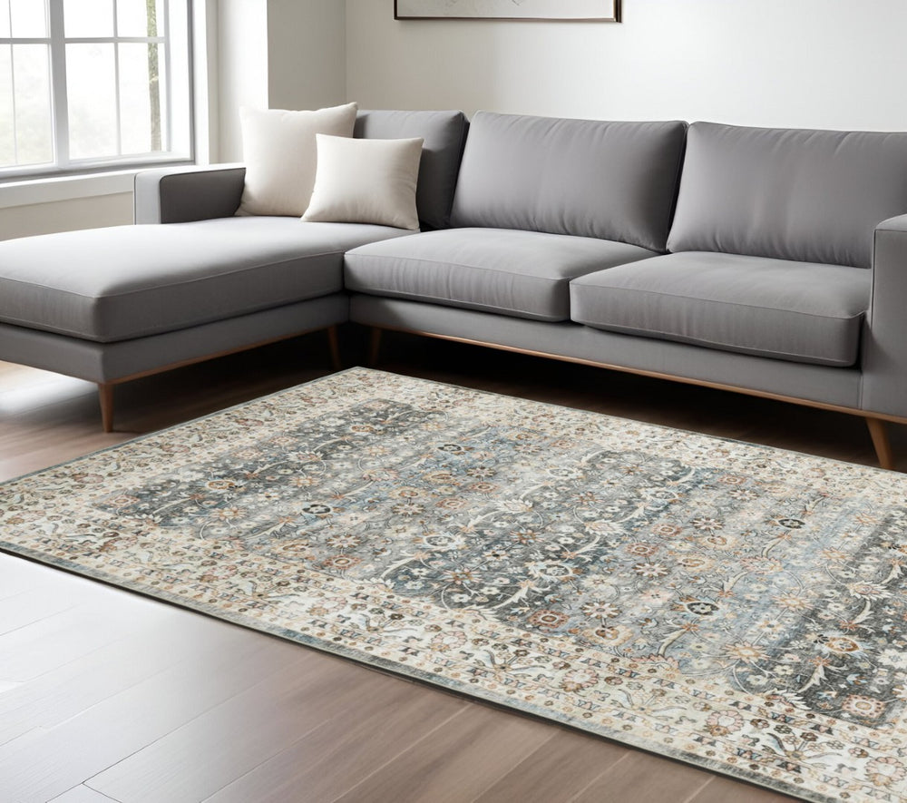 HomeRoots 4' Teal and Ivory Oriental Distressed Area Rug - Timeless Elegance with Stain Resistance & Non-Slip Backing 8' X 10' 575407