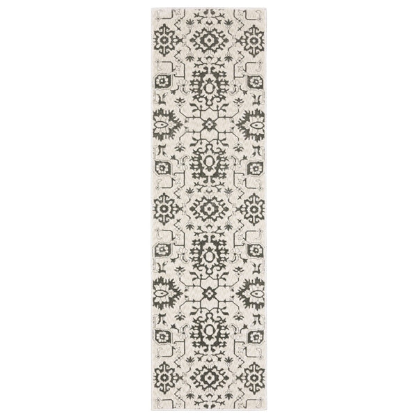 HomeRoots 5' Timeless Ivory and Gray Oriental Area Rug - Stain-Resistant, Durable Design for Any Room 8' Runner 575408
