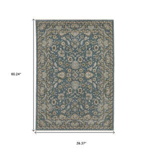 Homeroots 5' Elegant Beige And Blue Oriental Area Rug With Fringe - Stain Resistant And Timeless Design 3' X 5' Polyester 575415