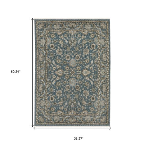 Homeroots 5' Elegant Beige And Blue Oriental Area Rug With Fringe - Stain Resistant And Timeless Design 3' X 5' Polyester 575415