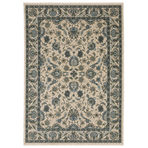 HomeRoots 5' Elegant Beige-Blue Oriental Area Rug with Fringe – Stain-Resistant, Durable, Stylish Design 3' X 5' 575416