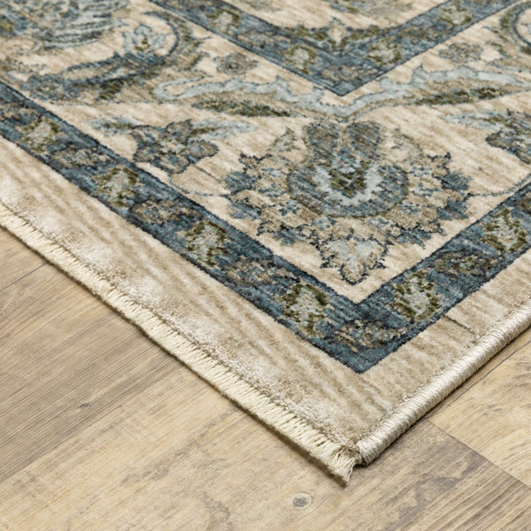HomeRoots 5' Elegant Beige-Blue Oriental Area Rug with Fringe – Stain-Resistant, Durable, Stylish Design 3' X 5' 575416
