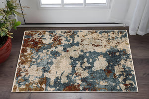 Homeroots 5' Elegant Beige And Teal Abstract Distressed Area Rug With Fringe For Stylish Home Decor 3' X 5' Polyester 575417