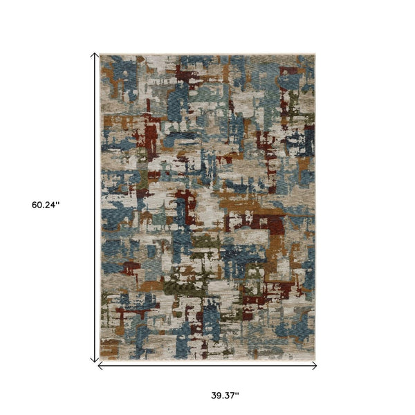 HomeRoots 10' Abstract Distressed Area Rug in Beige with Rust and Teal Hues, Fringe Edges for Timeless Charm 3' X 5' 575418