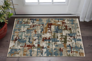HomeRoots 10' Abstract Distressed Area Rug in Beige with Rust and Teal Hues, Fringe Edges for Timeless Charm 3' X 5' 575418