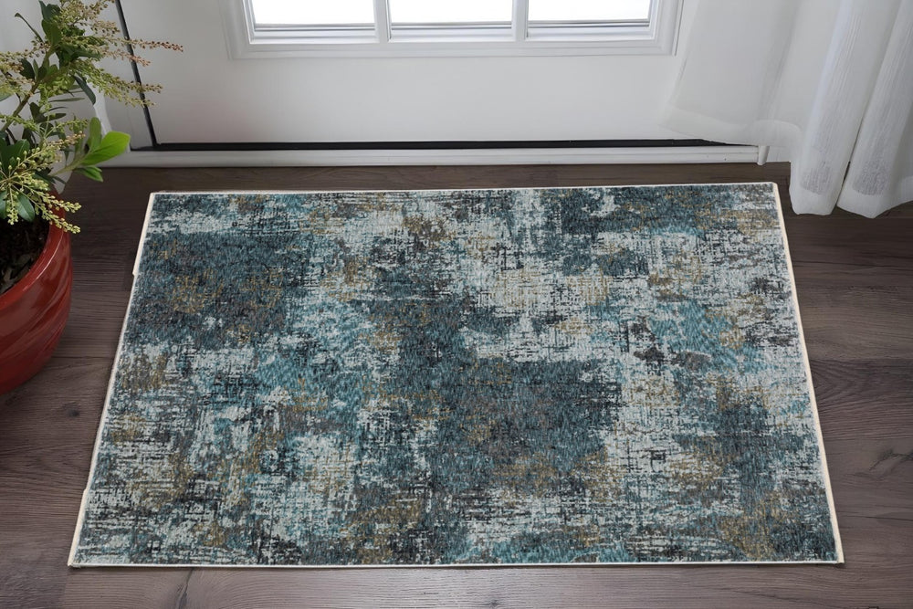 HomeRoots 5' Stylish Blue and Gray Abstract Distressed Area Rug with Fringe - Soft, Durable, Chic Design 3' X 5' 575419