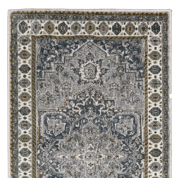 HomeRoots 5' Classic Brown and Blue Medallion Area Rug - Durable, Stain-Resistant Design for High-Traffic Areas 8' Runner 575428