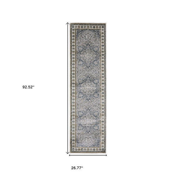 HomeRoots 5' Classic Brown and Blue Medallion Area Rug - Durable, Stain-Resistant Design for High-Traffic Areas 8' Runner 575428