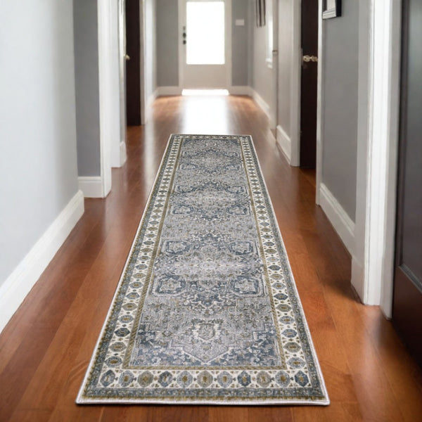 HomeRoots 5' Classic Brown and Blue Medallion Area Rug - Durable, Stain-Resistant Design for High-Traffic Areas 8' Runner 575428