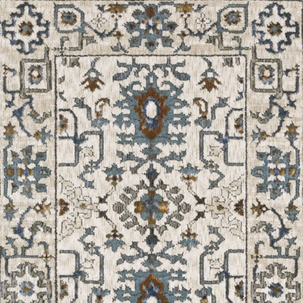 HomeRoots 5' Elegant Ivory Oriental Area Rug with Burnt Orange and Blue Accents - Stain & Fade Resistant 8' Runner 575436