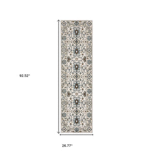 HomeRoots 5' Elegant Ivory Oriental Area Rug with Burnt Orange and Blue Accents - Stain & Fade Resistant 8' Runner 575436