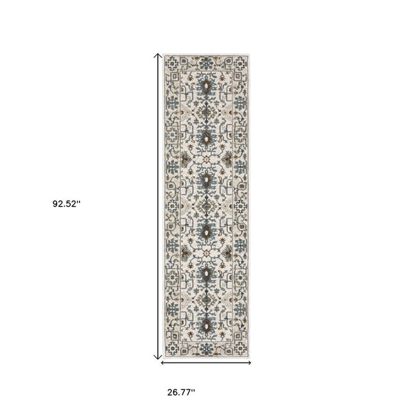 HomeRoots 5' Elegant Ivory Oriental Area Rug with Burnt Orange and Blue Accents - Stain & Fade Resistant 8' Runner 575436