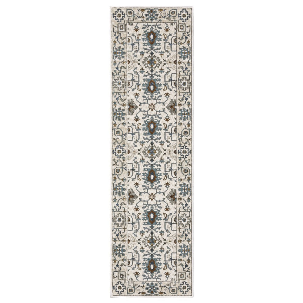 HomeRoots 5' Elegant Ivory Oriental Area Rug with Burnt Orange and Blue Accents - Stain & Fade Resistant 8' Runner 575436