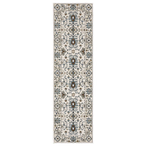 HomeRoots 5' Elegant Ivory Oriental Area Rug with Burnt Orange and Blue Accents - Stain & Fade Resistant 8' Runner 575436