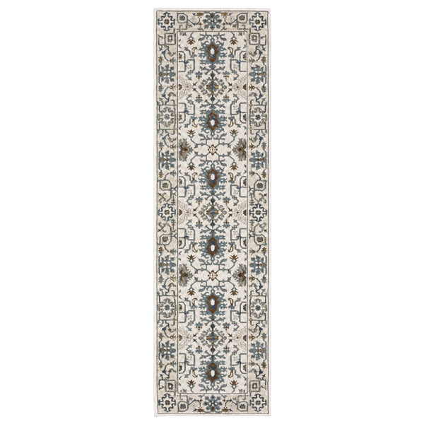 HomeRoots 5' Elegant Ivory Oriental Area Rug with Burnt Orange and Blue Accents - Stain & Fade Resistant 8' Runner 575436