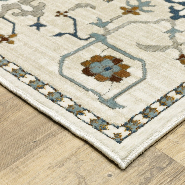 HomeRoots 5' Elegant Ivory Oriental Area Rug with Burnt Orange and Blue Accents - Stain & Fade Resistant 8' Runner 575436
