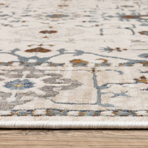 HomeRoots 5' Elegant Ivory Oriental Area Rug with Burnt Orange and Blue Accents - Stain & Fade Resistant 8' Runner 575436