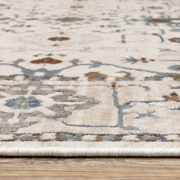 HomeRoots 5' Elegant Ivory Oriental Area Rug with Burnt Orange and Blue Accents - Stain & Fade Resistant 8' Runner 575436