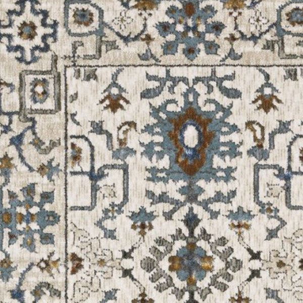 HomeRoots 5' Elegant Ivory Oriental Area Rug with Burnt Orange and Blue Accents - Stain & Fade Resistant 8' Runner 575436