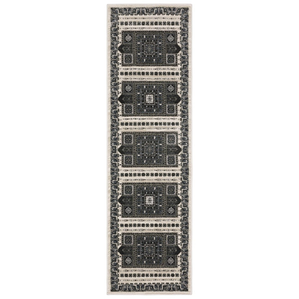 HomeRoots 3' Gray and Blue Medallion Area Rug - Timeless Elegance, Durable & Stain Resistant for Any Room 2'3" x 7'6" 575438