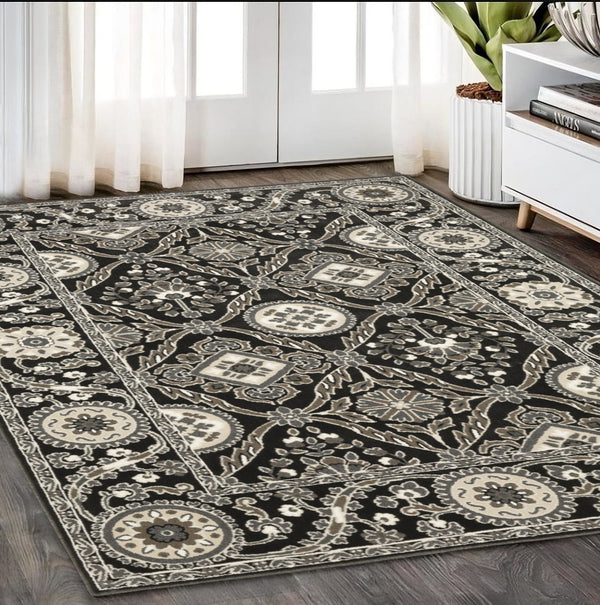 Homeroots 3' Charcoal Oriental Area Rug - Stylish, Stain-resistant Design For Warmth And Elegance In Any Room 5' X 8' Polypropylene,Polyester 575445