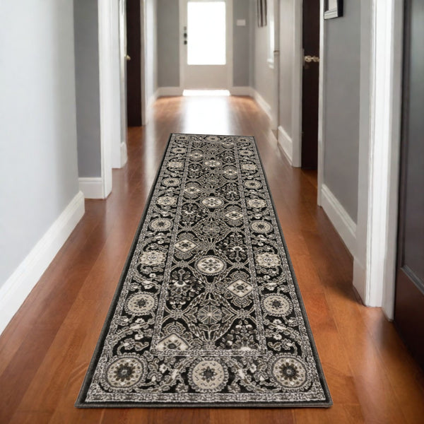 Homeroots 3' Charcoal Oriental Area Rug - Stylish, Stain-resistant Design For Warmth And Elegance In Any Room 8' Runner Polypropylene,Polyester 575446