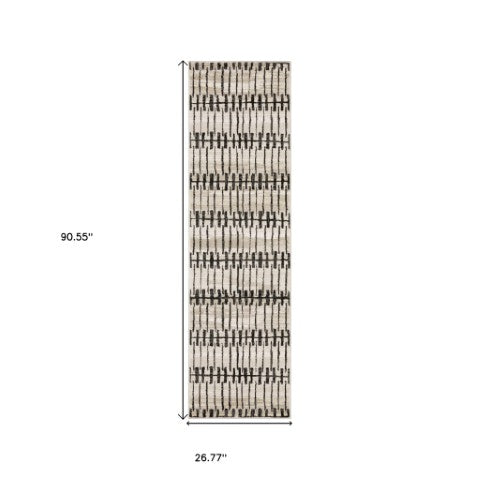 Homeroots 3' Inviting Beige And Black Geometric Area Rug – Stain Resistant, Perfect For Kids And Pets! 8' Runner Polypropylene,Polyester 575458
