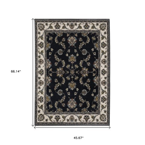 Homeroots 4' Elegant Navy Blue Oriental Area Rug With Fringe - Stain Resistant, Perfect For Kids & Pets 4' X 6' Polyester 575463