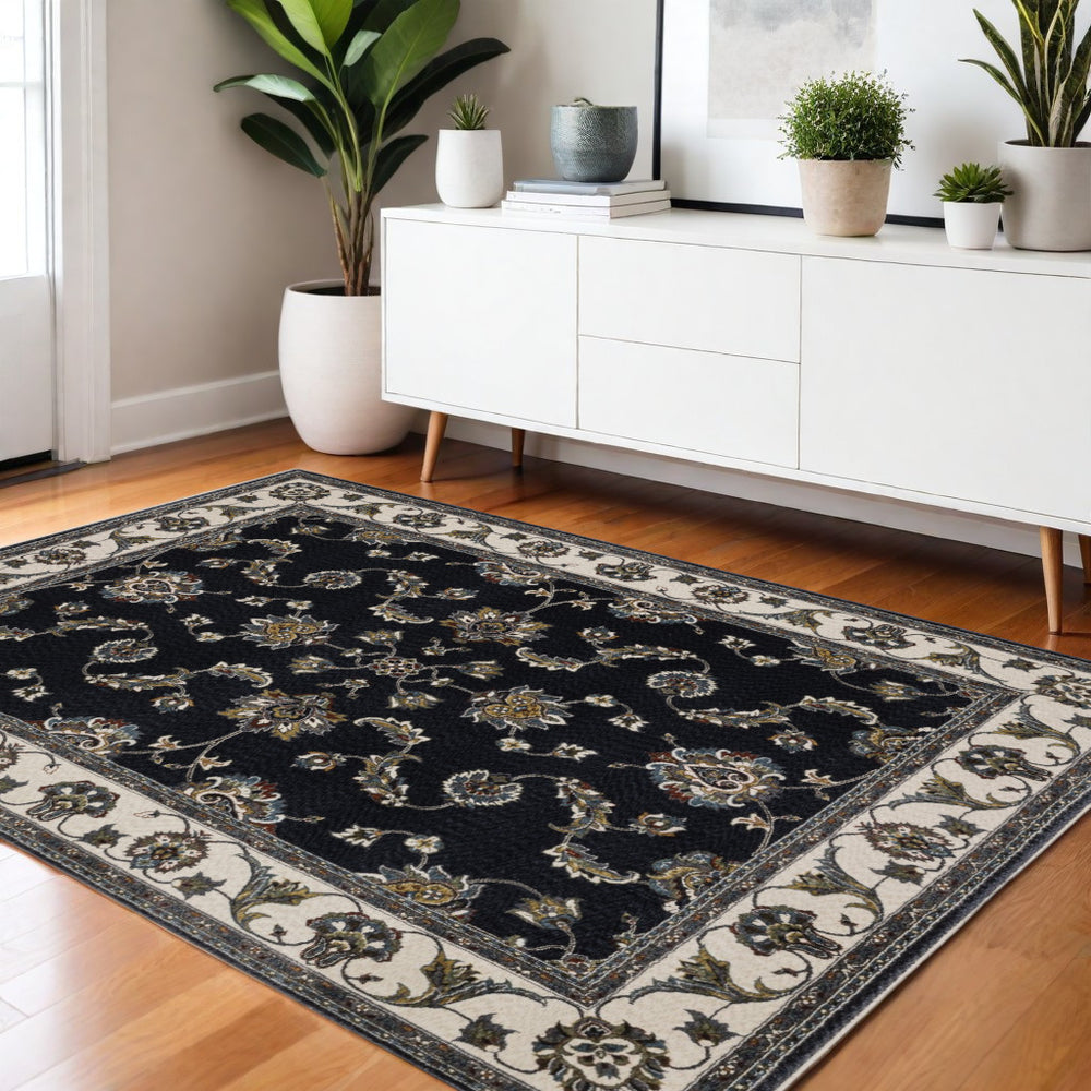 Homeroots 4' Elegant Navy Blue Oriental Area Rug With Fringe - Stain Resistant, Perfect For Kids & Pets 4' X 6' Polyester 575463