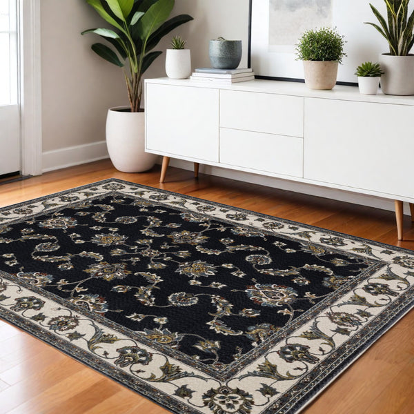 Homeroots 4' Elegant Navy Blue Oriental Area Rug With Fringe - Stain Resistant, Perfect For Kids & Pets 4' X 6' Polyester 575463