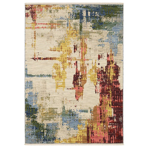 HomeRoots 3' Abstract Area Rug in Warm Beige, Yellow & Orange with Fringed Edges for Modern Home Décor 3' X 5' 575467