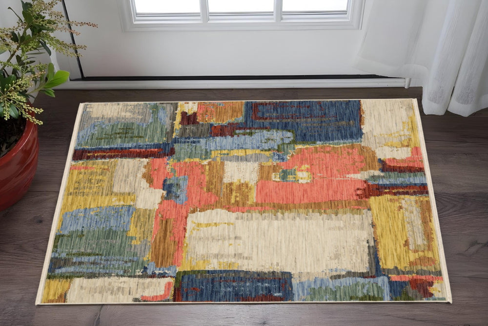 HomeRoots 3' Elegant Abstract Area Rug in Beige, Yellow, and Pink with Fringe for Modern Spaces and Comfort 3' X 5' 575468