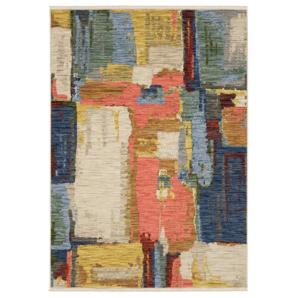 HomeRoots 3' Elegant Abstract Area Rug in Beige, Yellow, and Pink with Fringe for Modern Spaces and Comfort 3' X 5' 575468