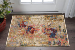 Homeroots 2' Beige Red And Blue Abstract Area Rug With Fringe - Add Warmth And Style To Your Living Space 3' X 5' Wool Blend 575472