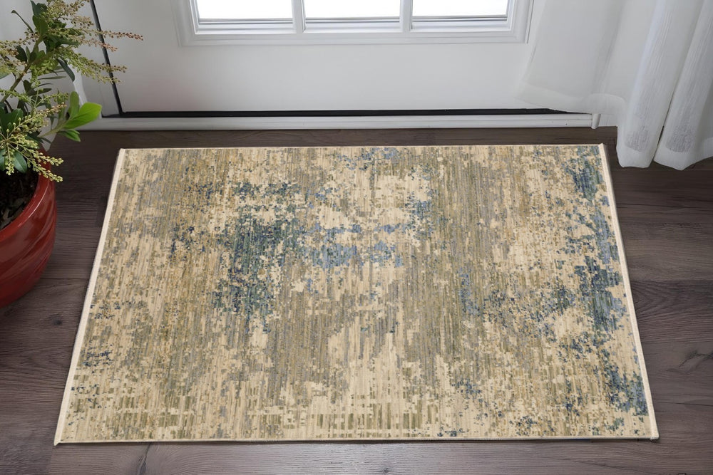 HomeRoots 3' Elegant Beige and Blue Abstract Area Rug with Fringe – Perfect for Modern Spaces and Entryways 3' X 5' 575473