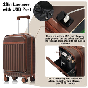 English Elm Luggage 3 Piece Abs Hard Shell Set with Usb Port Front Access and Spinner Wheels Brown N726P307555B