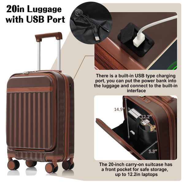 English Elm Luggage 3 Piece Abs Hard Shell Set with Usb Port Front Access and Spinner Wheels Brown N726P307555B