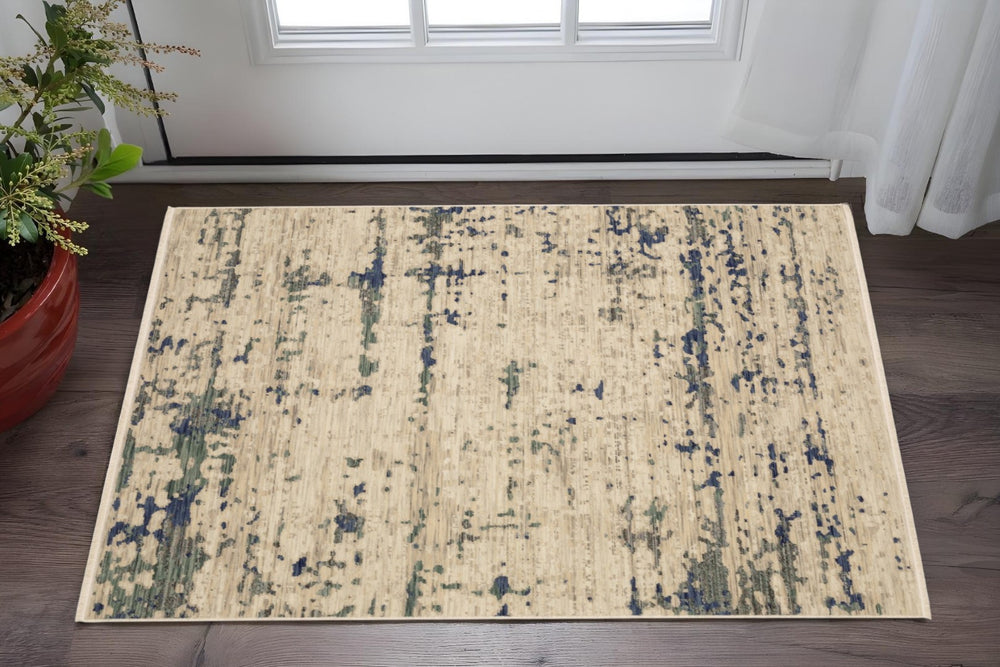 HomeRoots 3' Elegant Beige and Green Abstract Area Rug with Fringe - Soft, Durable Wool Blend for Small Spaces 3' X 5' 575474