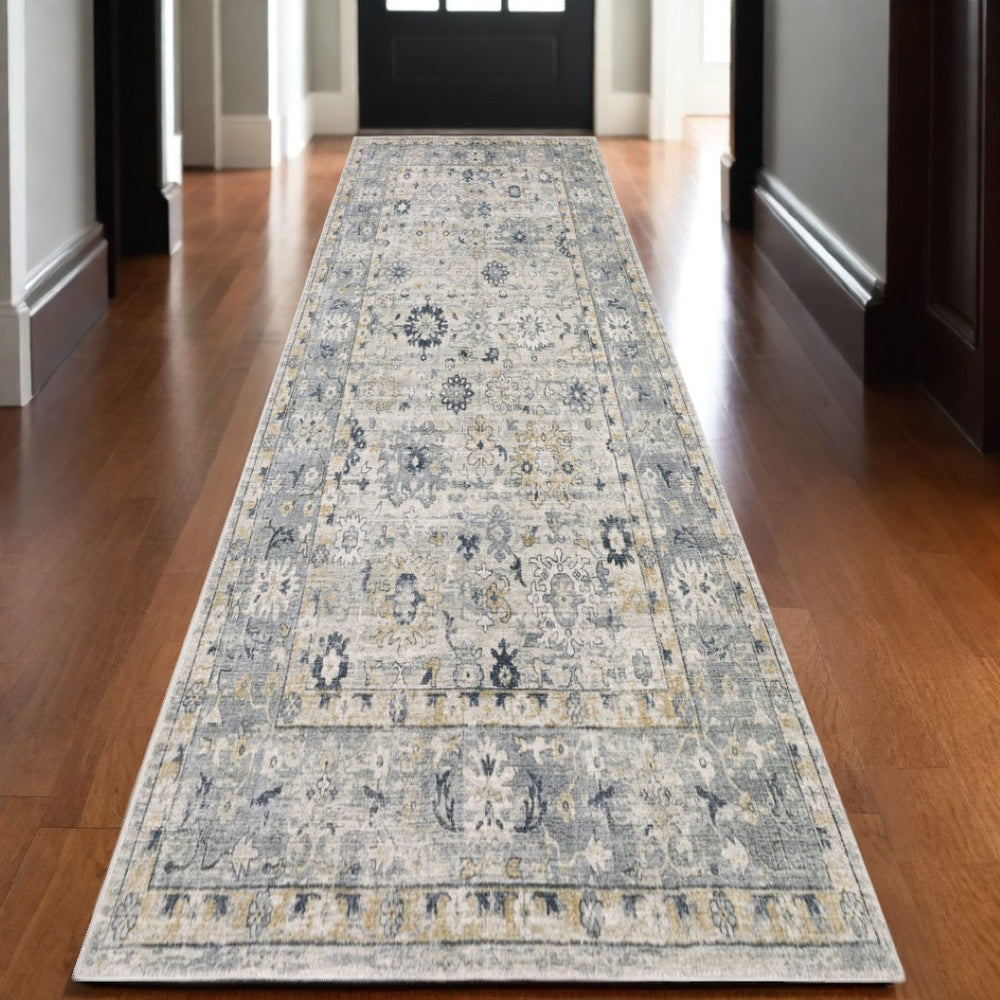 HomeRoots 10' Hand-Tufted Gray and Blue Oriental Runner Rug – Timeless Design for Elegant Entryways & Hallways 10' Runner 575497