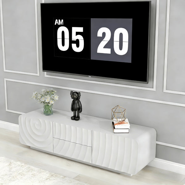 English Elm 58''tv Console Sculpted Spiral Wave Relief Walnut Mid-century Media Stand with Storage White W2263P412377