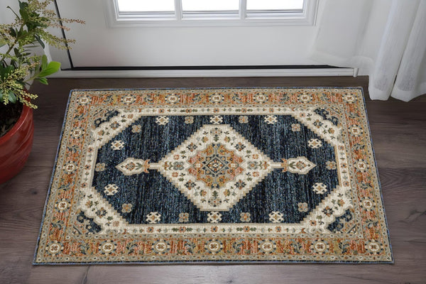 Homeroots 2' Blue Medallion Power Loom Area Rug - Stain Resistant, Soft Texture Perfect For Homes With Kids & Pets 2' X 3' Polypropylene 575503