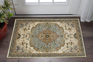 Homeroots 2' Elegant Ivory And Blue Oriental Area Rug - Stain Resistant, Perfect For Homes With Kids & Pets 2' X 3' Polypropylene 575514