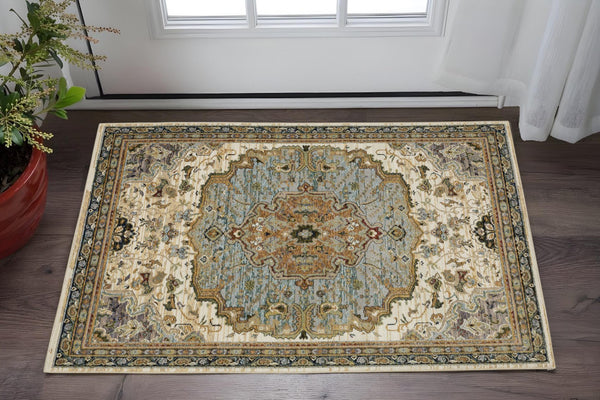 Homeroots 2' Elegant Ivory And Blue Oriental Area Rug - Stain Resistant, Perfect For Homes With Kids & Pets 2' X 3' Polypropylene 575514