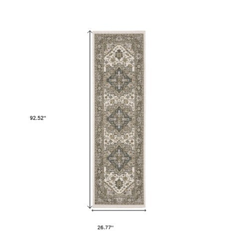 Homeroots 5' Ivory Medallion Fringe Area Rug – Stain-resistant, Stylish Design For Home Décor Enhancement 8' Runner Polyester 575518