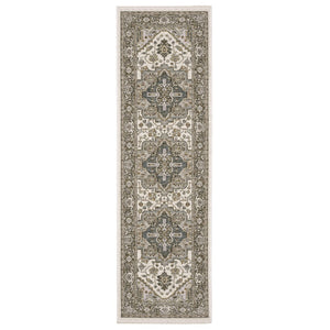 HomeRoots 5' Elegant Ivory and Gold Medallion Distressed Area Rug with Fringe for Timeless Home Decor 8' Runner 575518