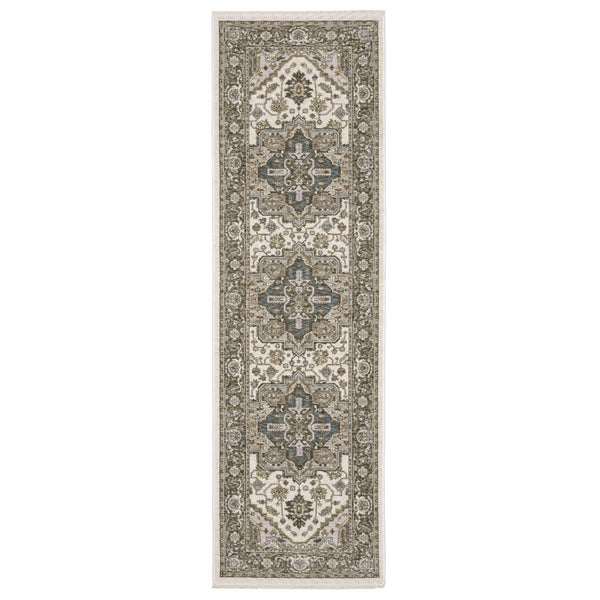 HomeRoots 5' Elegant Ivory and Gold Medallion Distressed Area Rug with Fringe for Timeless Home Decor 8' Runner 575518