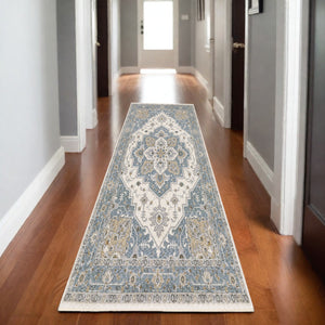 Homeroots 5' Blue Medallion Distressed Area Rug With Fringe - Stylish, Stain-resistant, Perfect For Homes! 8' Runner Polyester 575519