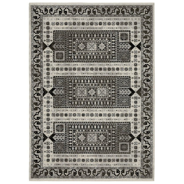 Homeroots 5' Ivory Oriental Area Rug With Charcoal Design And Fringe - Stain Resistant, Stylish Home Decor 3' X 5' Polyester 575523