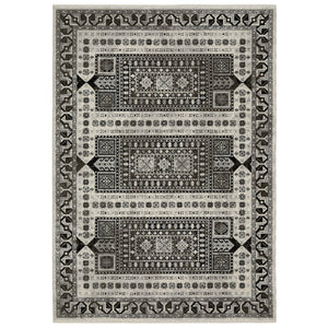 HomeRoots 5' Elegant Ivory and Charcoal Oriental Area Rug with Fringe - Durable, Stain-Resistant, Timeless Style 3' X 5' 575523