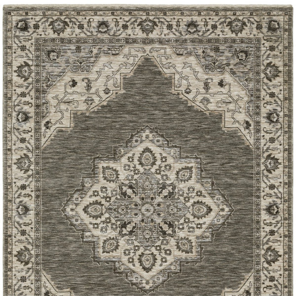 Homeroots 10' Charcoal Medallion Area Rug With Fringe – Stylish, Stain-resistant Design For Warm Interiors 3' X 5' Polyester 575527